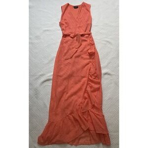 Bebe Coral Ruffle Chiffon Sleeveless Maxi Dress Women's Size 6 Belt Lined